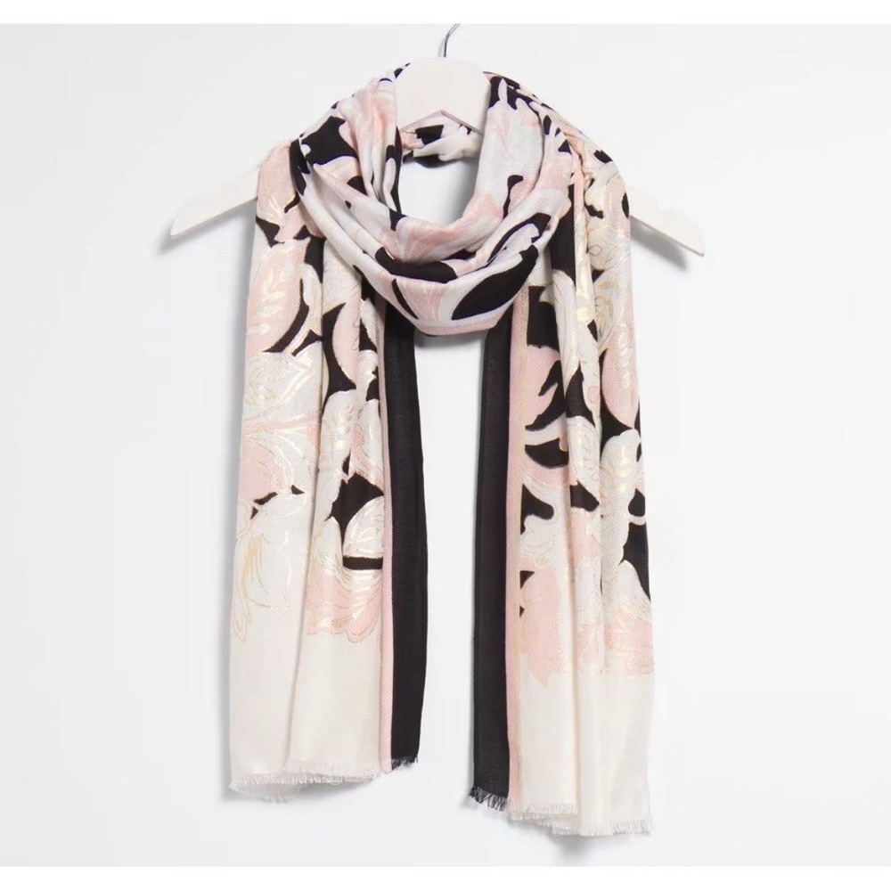 Chico's Scarf  Pink Black White Floral Oblong 24x72" Shawl Spring Preppy Elegant